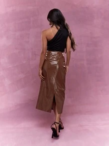 MISSGUIDED Leather Look Pencil Skirt - Brown - View 2