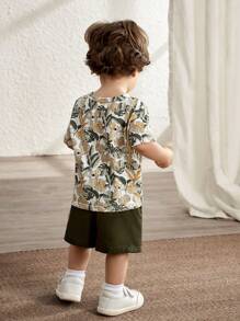 Cozy Pixies Baby Boy Knitted Soft Round Neck Short Sleeve Top With Plant & Flower Pattern, Solid Shorts 2pcs/Set - Army Green - View 2