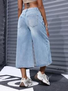SHEIN EZwear Quần denim dáng rộng cạp cao có túi cho nữ - Rửa nhẹ - Xem 2