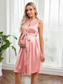 SHEIN Maternity Casual & Workwear Sleeveless Round Neck Nursing Dress With Buttons - Pink - View 3