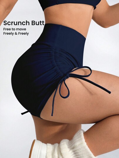 Easithlete Shorts de yoga para levantamiento de glúteos en color melocotón, shorts de entrenamiento con cintura alta elástica de estilo europeo y estadounidense, apropiados para uso casual y al aire libre, shorts de compresión para fitness de mujer, con cordón