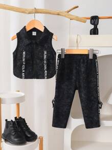 Baby Girl Fashionable Street Style Letter Tape Sleeveless Top With Zipper, Long Pants Set, Asymmetrical Hem, Vintage Fabric