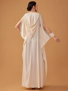 YISIKADO Women's  Style Hooded Sequined Applique Ribbon Long Sleeve Evening Party Dress - Beige - View 2