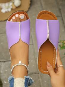 Summer New Casual Purple Bean Toe Flat Sandals, Size 35-45, Suitable For Daily Wear, Open Toe Design With Rounded Tips, Soft Sole, Women's Wedge Thick Sole Sandals - Lilac Purple - View 5