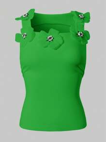 SHEIN Unity 女士優雅修身圓領背心上衣，3D花卉裝飾，夏季款 - 綠色 - 查看 3