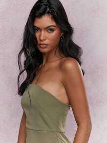 MISSGUIDED Tailored Suede Bandeau Slit Back Midi Dress - Army Green - View 3