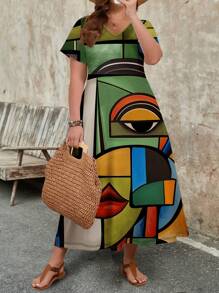 EMERY ROSE Áo dài nữ có kích thước lớn thường ngày trừu tượng in mặt cổ chữ V - màu xanh lá - Xem 5