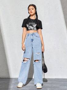 SHEIN 少女夏季休閒直筒牛仔褲，帶有破洞效果 - 淺色水洗藍 - 查看 3