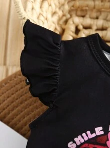 女婴夏季印花短袖连体衣，休闲风格 - 黑色 - 查看 5