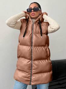 EURMUSE Women'S Sleeveless Hooded Padded Jacket With Drawstrings - Coffee Brown - View 6