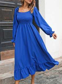 Autumn Smocked Square Neck Flared Dress | Boho Bell Sleeve Ruffle Hem Midi | Casual Elegant Solid Color - Blue - View 1