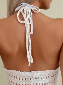 SHEIN Swim Women's Hollow Out Back Floral 3D Design Beach Cover-Up With Halter Summer - White - View 3