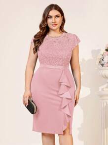 MIUSOL Plus Sheer Floral Lace Bodice Ruffle Draped Cocktail Party Split Hem Dress - Dusty Pink - View 5