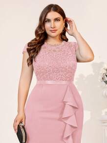 MIUSOL Plus Sheer Floral Lace Bodice Ruffle Draped Cocktail Party Split Hem Dress - Dusty Pink - View 7