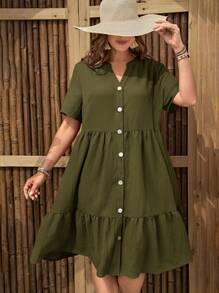 EMERY ROSE Plus Size Solid Color V-Neck Notch Ruffled Hemline Short Sleeve Summer Dress - Army Green - View 4