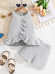 SHEIN Young Girl Knitted Solid Color Round Neck Lotus Edge Top And Knitted Shorts Two-Piece Set - Grey - View 1