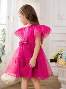 SHEIN Young Girl Woven Net Solid Color Elegant Organza Short Sleeve Party Dress With Bowknot And Waist-Cinching Design - Hot Pink - View 5