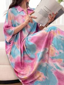 Al Najma Vestido corto de manga corta con cuello de polo en estampado tie dye oversize, primavera/verano