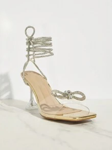 SHUZIA SEXY CLEAR RHINESTONE HEEL LACE UP OPEN TOE DRESSY PUMP - Gold - View 2