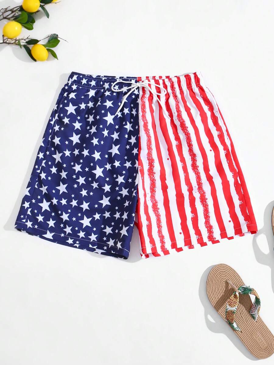 Surfspeed Men's Vacation American Flag Print Drawstring Elastic Waist Loose Beach Shorts - Multicolor - View 1