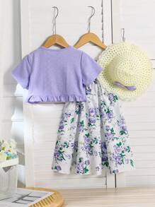 SHEIN Ensemble de 2 pièces Jupe élégante tricotée imprimée numériquement pour filles et Haut à manches courtes en dentelle - Prune - Voir 2