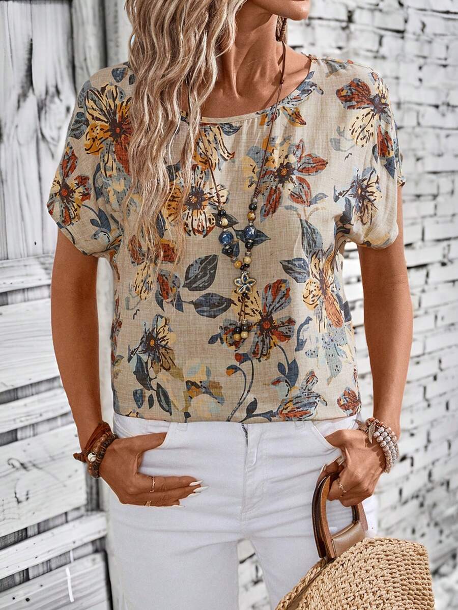 EMERY ROSE Women's Floral Print Batwing Sleeve Casual Vacation Shirt