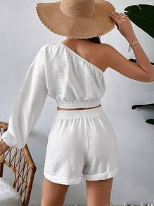 RueChic Women Half Shoulder Blouse And Short, Linen Look Fabric - White - View 2