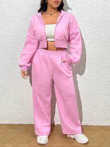 CovetEZ Plus Size Pink Hooded Sweatshirt And Long Pants Set - Pink - View 1