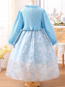 夏季Tween女孩ELGANTZ優雅的娃娃邊長袖開衫和花卉印花Cami裙套裝，輕盈的提花紋理，完美適用於派對和度假