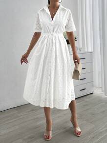SHEIN Cottnline Embroidery Short Sleeve Dress With Belt - White - View 7