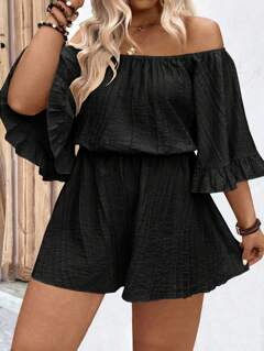 SHEIN VCAY Plus Size Women Off-Shoulder Solid Color Long Sleeve Jumpsuit Romper