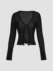 INAWLY Tie Front Crop Cardigan - Black - View 4
