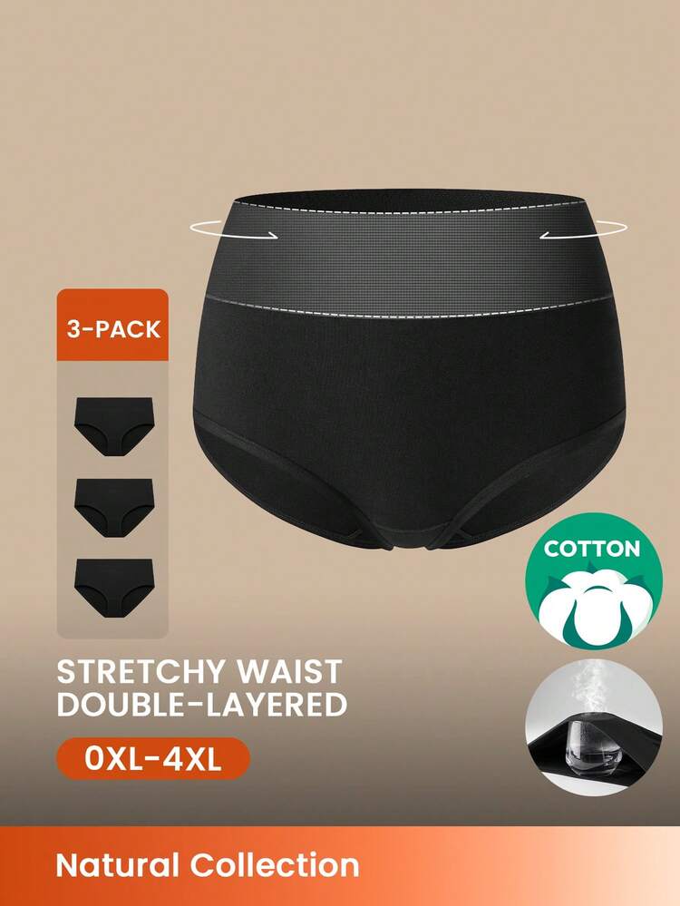 Plus 3-Pack Airy Cotton Basics High Waist Black Briefs Women Underwear Panties Set-All Black-Pure Comfort