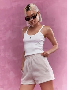 MISSGUIDED Embroidered Logo Sweat Shorts - Apricot - View 2