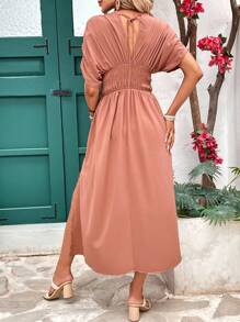 SHEIN LUNE Ladies' Solid Color Casual Dress With Simple Pleat Design, Daily Wear - Khaki - View 2