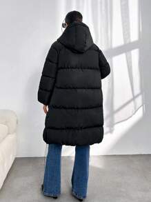 EURMUSE Lange gesteppte Jacke mit Kapuze, Reißverschluss und Kordelzug, Winterbekleidung - Schwarz - Übersicht 2