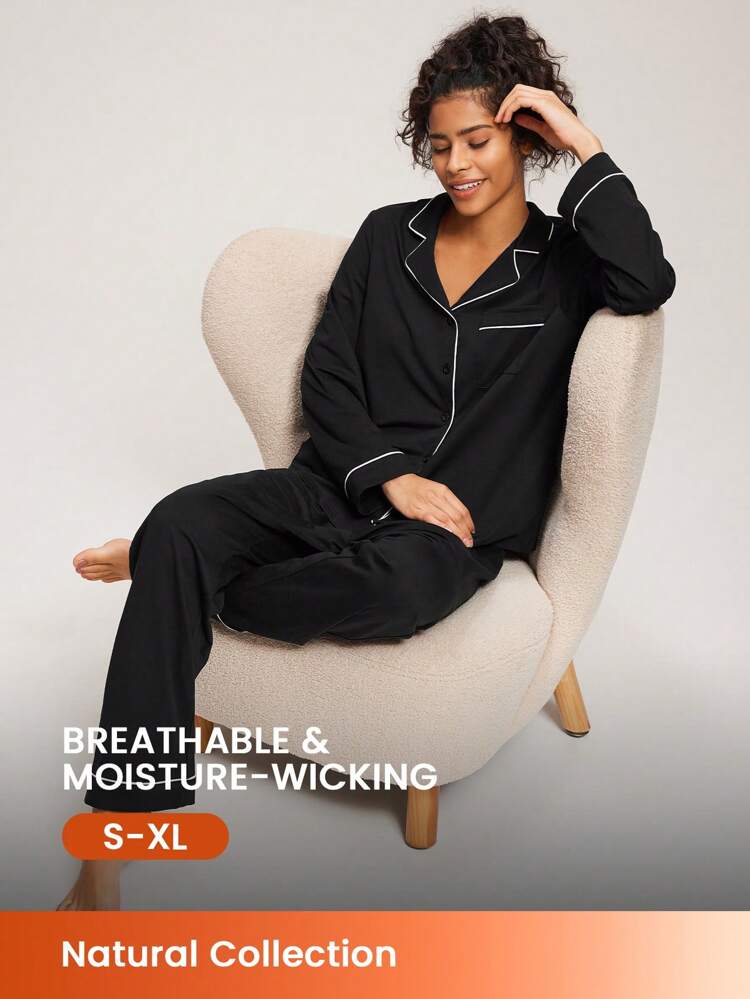 ソフトブラック ベーシック ロングパジャマ セット レディース ラウンジウェア 綿製パジャマ
