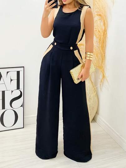 2pcs Women's Contrast Color Simple Sleeveless Top With Button Decoration & Long Pants Set, Spring/Summer