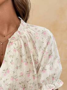 SHEIN Frenchy 女士印花刺绣上衣，休闲灯笼袖春夏衬衫，日常花卉图案衬衫，纽扣衬衫，茶会着装，夏季上衣，花卉图案上衣 - 彩色 - 查看 6