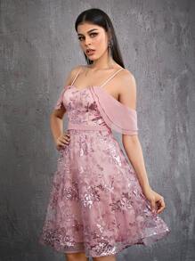Mgiacy Embroidered Sequin Mesh Off-Shoulder Ruffle Sleeve Short Evening Dress - Pink - View 5