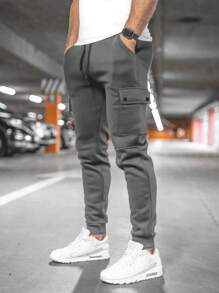 SHEIN Bermudas Casuais Esportivas e de Trabalho com Bolsos de Carga e Cintura com Cordão em Cor Lísa para Adolescentes Meninos