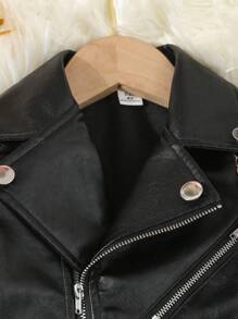 SHEIN Young Girls 1pc Black Faux Leather Jacket With Turn-Down Collar, Front Buttoned Opening With Black Copper Auto Puller Zipper, 3 False Pockets With Black Auto Head And Closed End Zipper, For Street Style, Autumn And Winter - Black - View 4
