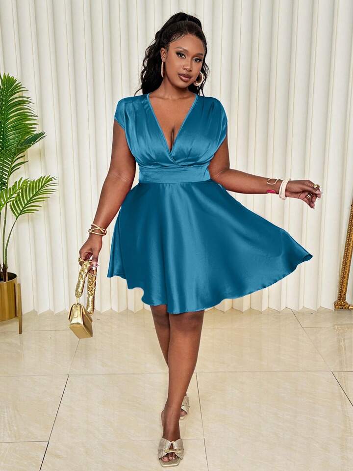 Red satin fit and flare dress sales