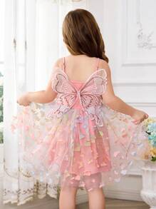 SHEIN Vestido con tirantes de malla de alas de mariposa dulce unicolor y tejido para niña joven - Multicolor - Ver 1