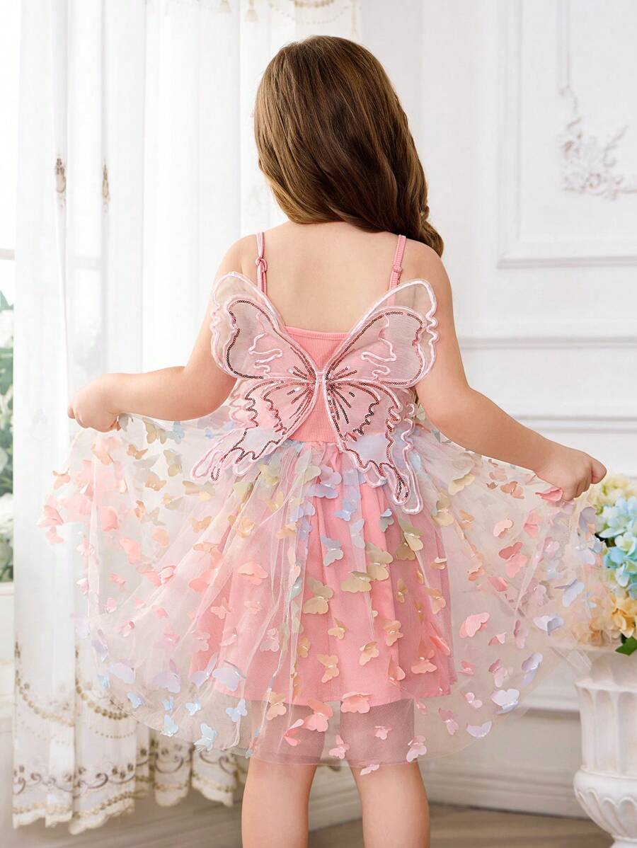 SHEIN Vestido con tirantes de malla de alas de mariposa dulce unicolor y tejido para niña joven - Multicolor - Ver 1