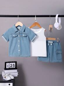 SHEIN Young Boys' Knitted Denim Vest, Short Sleeve T-Shirt And Shorts 3pcs/Set