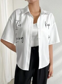 Mulvari Áo Sơ Mi Nữ In Nút Đơn Giản - trắng - Xem 5