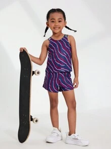 SHEIN 2pcs Young Girl Colorful Print Yoga Fitness Running Cycling Breathable Elastic Comfortable Skin-Friendly Fitted Sleeveless Top And Shorts Set