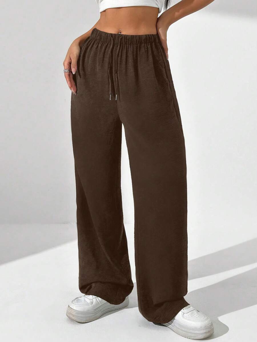 StreetHx Quần ống rộng cạp cao, màu trơn, dây rút, quần ống đứng cho nữ, quần thể thao ống rộng, quần rộng - Cà phê nâu - Xem 1