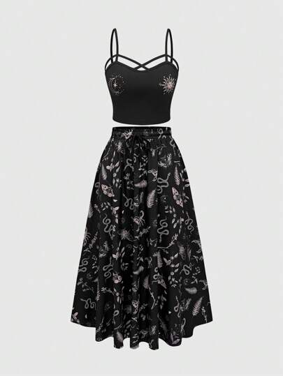 Goth Ensemble de gilet et de jupe pour femme de style gothique de vacances avec motif de croix